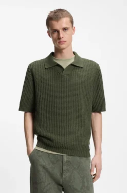 Strick-Poloshirt mit Waffelstruktur und Johnny-Kragen