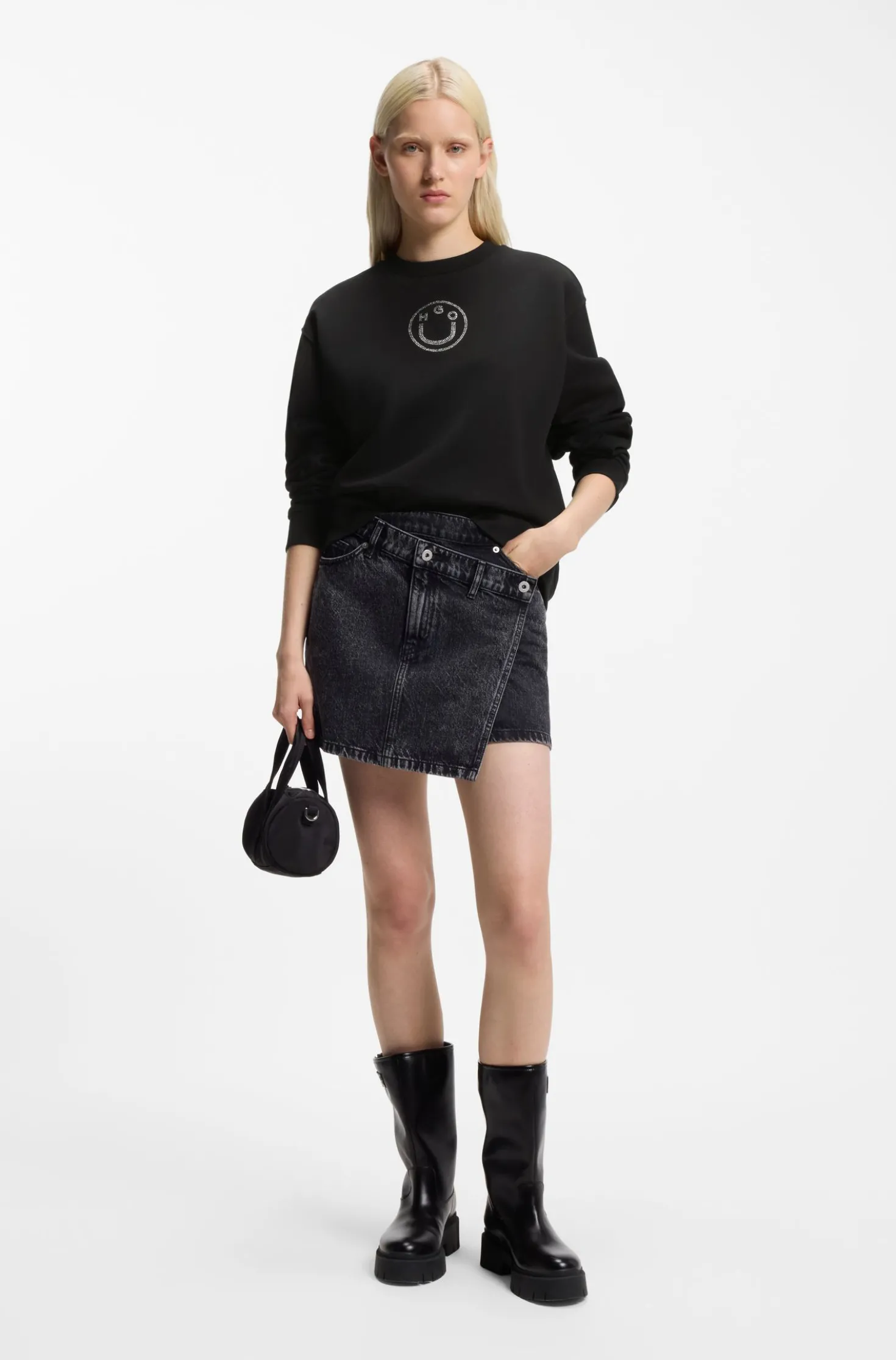 Sweatshirt aus Baumwolle mit Happy HUGO Logo aus Strasssteinen