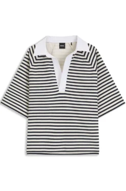 Sweatshirt aus Baumwoll-Mix mit Streifen-Muster und Johnny-Kragen