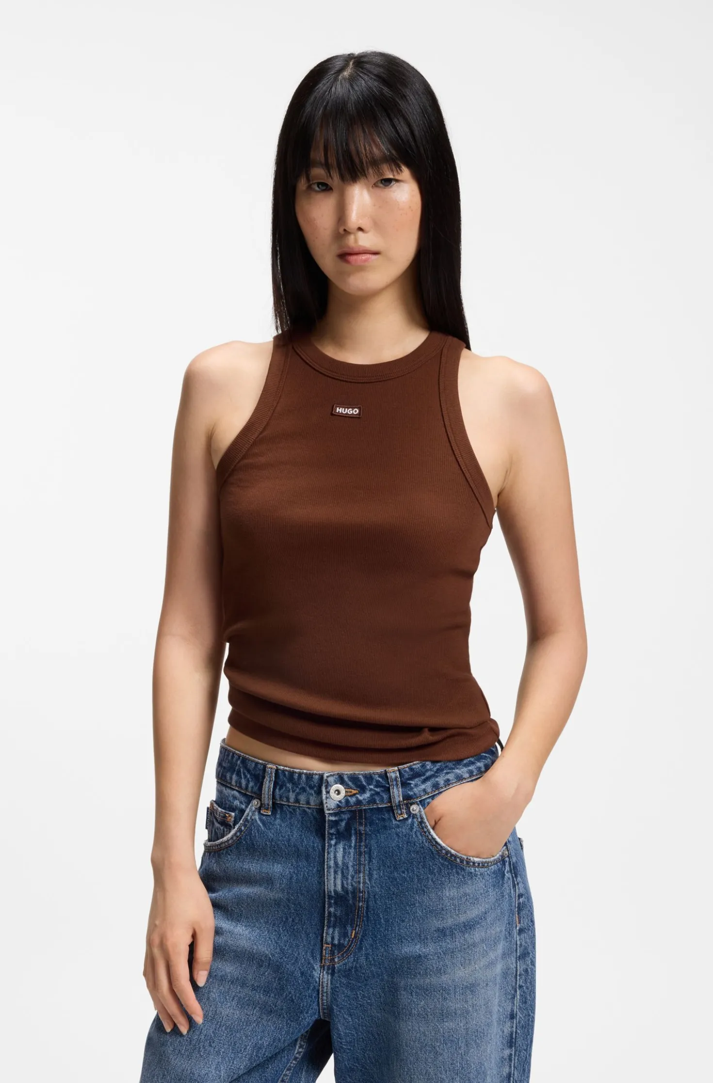 Tanktop aus Stretch-Baumwolle mit blauem Logo-Label