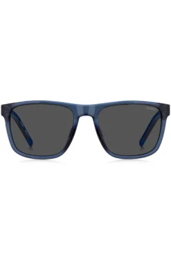 Transparent-blaue Sonnenbrille mit gemusterten Bügeln