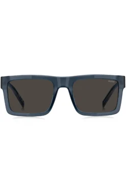 Transparent-blaue Sonnenbrille mit grauen Gläsern