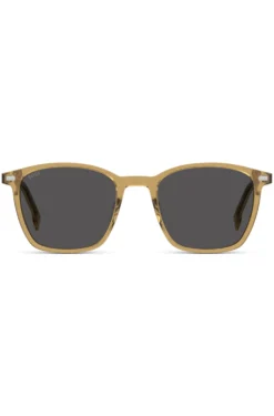 Transparente, beigefarbene Sonnenbrille mit grauen Gläsern