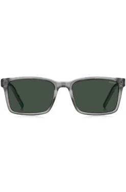 Transparent-graue Sonnenbrille mit gemusterten Bügeln