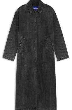 Trenchcoat aus schwarz gewaschenem Denim mit Nadelstreifen