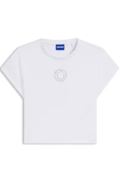T-Shirt aus Stretch-Baumwolle in Cropped-Länge mit Happy HUGO Logo aus Strass
