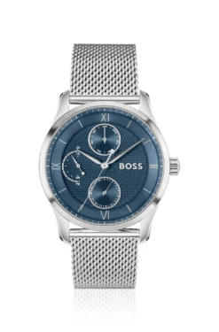 Uhr mit blauem Zifferblatt und Mesh-Armband
