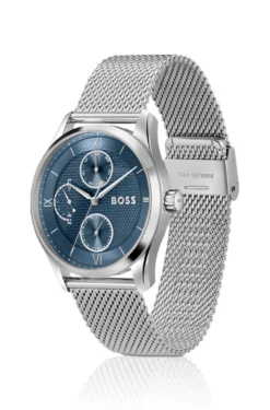 Uhr mit blauem Zifferblatt und Mesh-Armband