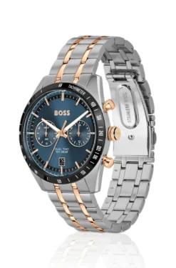 Uhr mit blauem Zifferblatt und zweifarbigem Gliederarmband