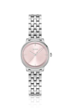 Uhr mit rosa Zifferblatt und Gliederarmband