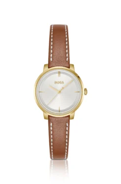Uhr mit silber-weißem Zifferblatt und Lederarmband