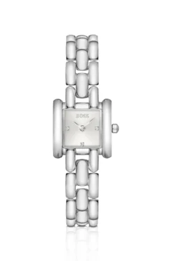 Violette quadratische Uhr aus Edelstahl mit skulpturalem Armband