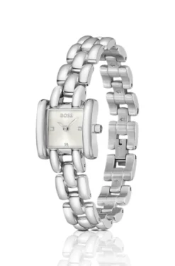 Violette quadratische Uhr aus Edelstahl mit skulpturalem Armband
