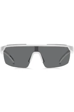Weiße Sonnenbrille im Masken-Stil mit 3D-Logo auf den Bügeln