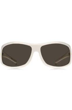 Weiße Sonnenbrille im Masken-Stil mit goldfarbenen Metalldetails