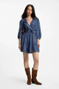 Wickelkleid in Denim-Optik mit Ballonärmeln