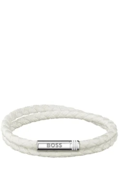 Zweireihiges, geflochtenes, weißes Armband mit Logo-Verschluss